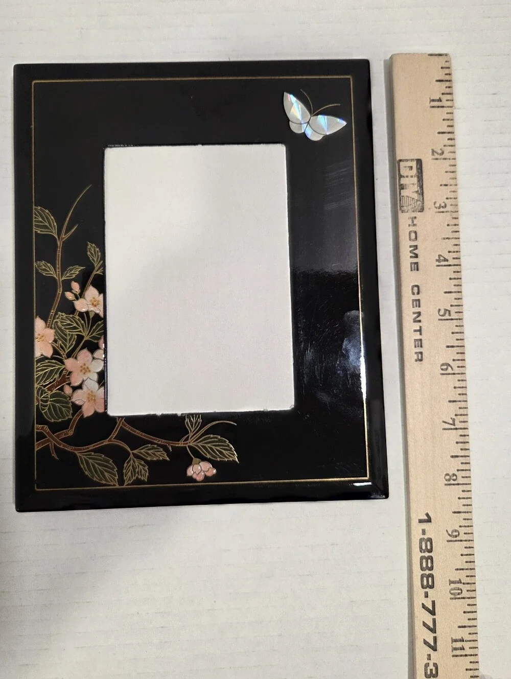 Black Lacquer Vintage Floral And Butterfly Picture Frame